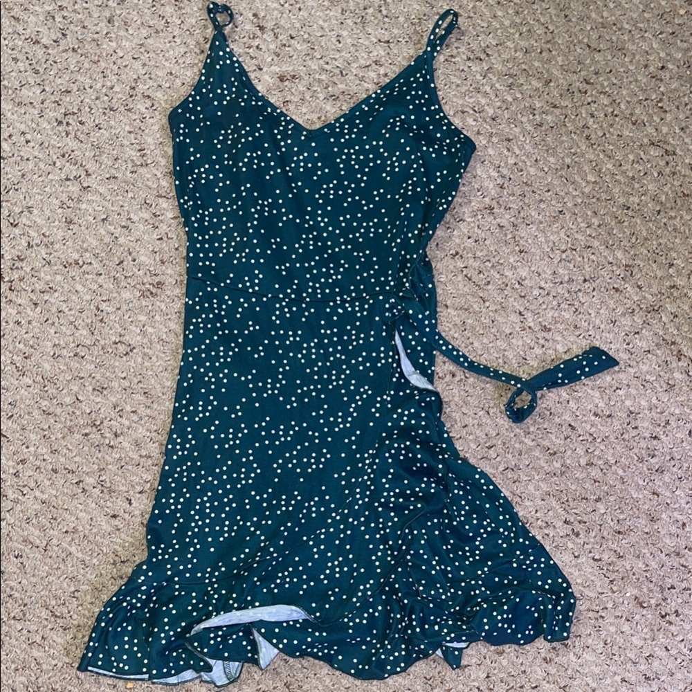 Elegant Teal Polka Dot Midi Wrap Dress